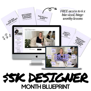 Promotional graphic for '$5K Designer Month Blueprint' with computer screens displaying content and printed materials.