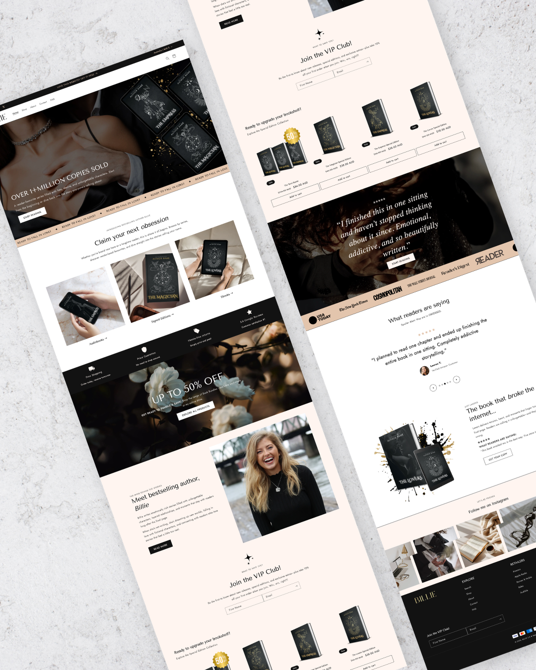 Multiple smartphone screens displaying a website with product images and text on a light gray background.
