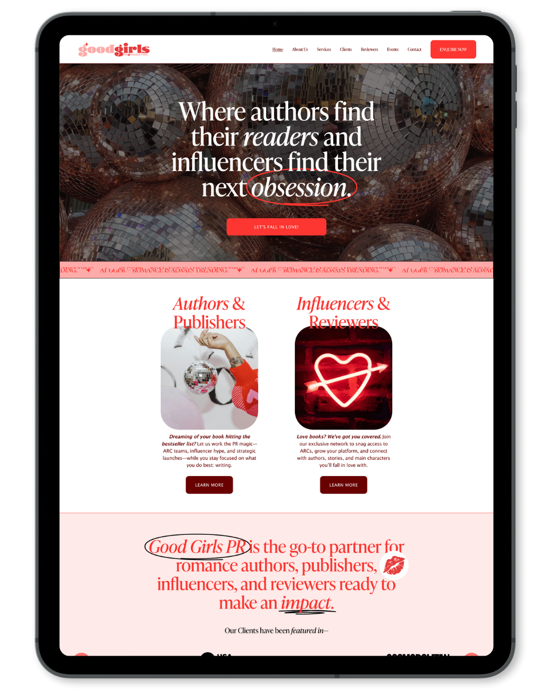 GOOD GIRLS PR website design homepage by AA Creative Co