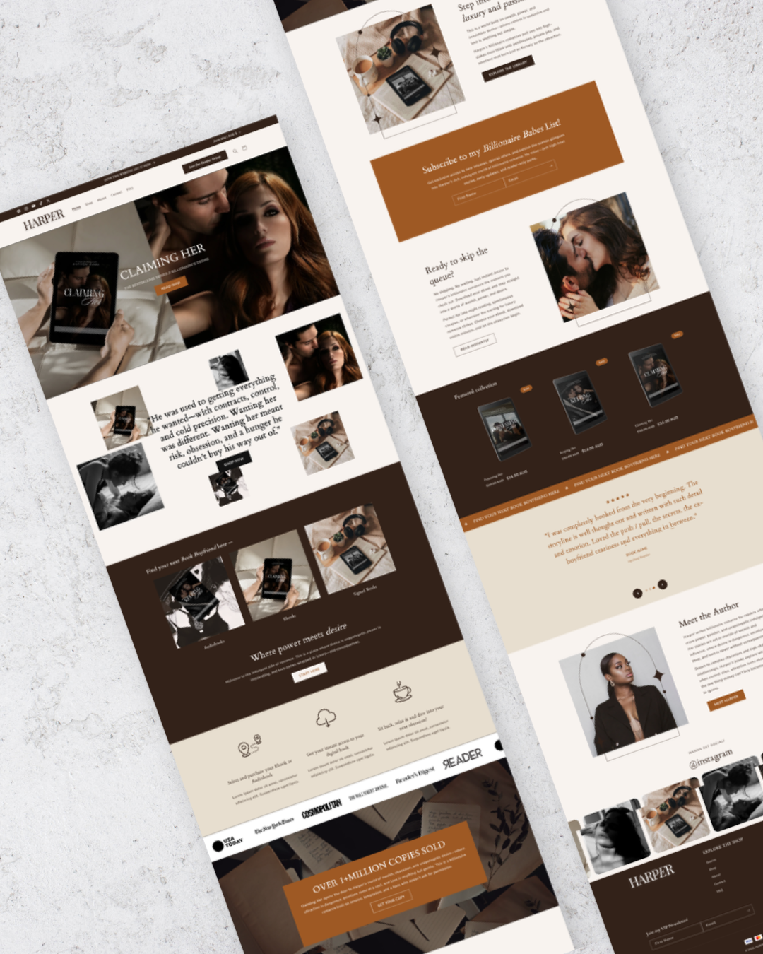 Two web pages with a focus on storytelling and product display.