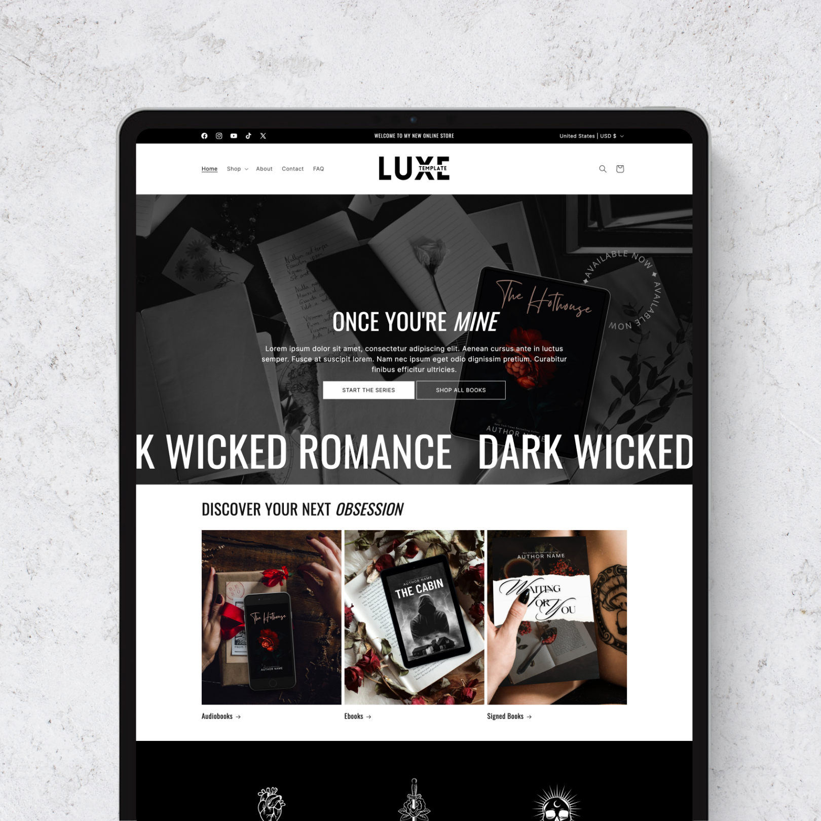 Say hello to Luxe – a luxurious, stylish, and contemporary Shopify template created for authors who aim to elevate their online presence with a sophisticated and timeless design.