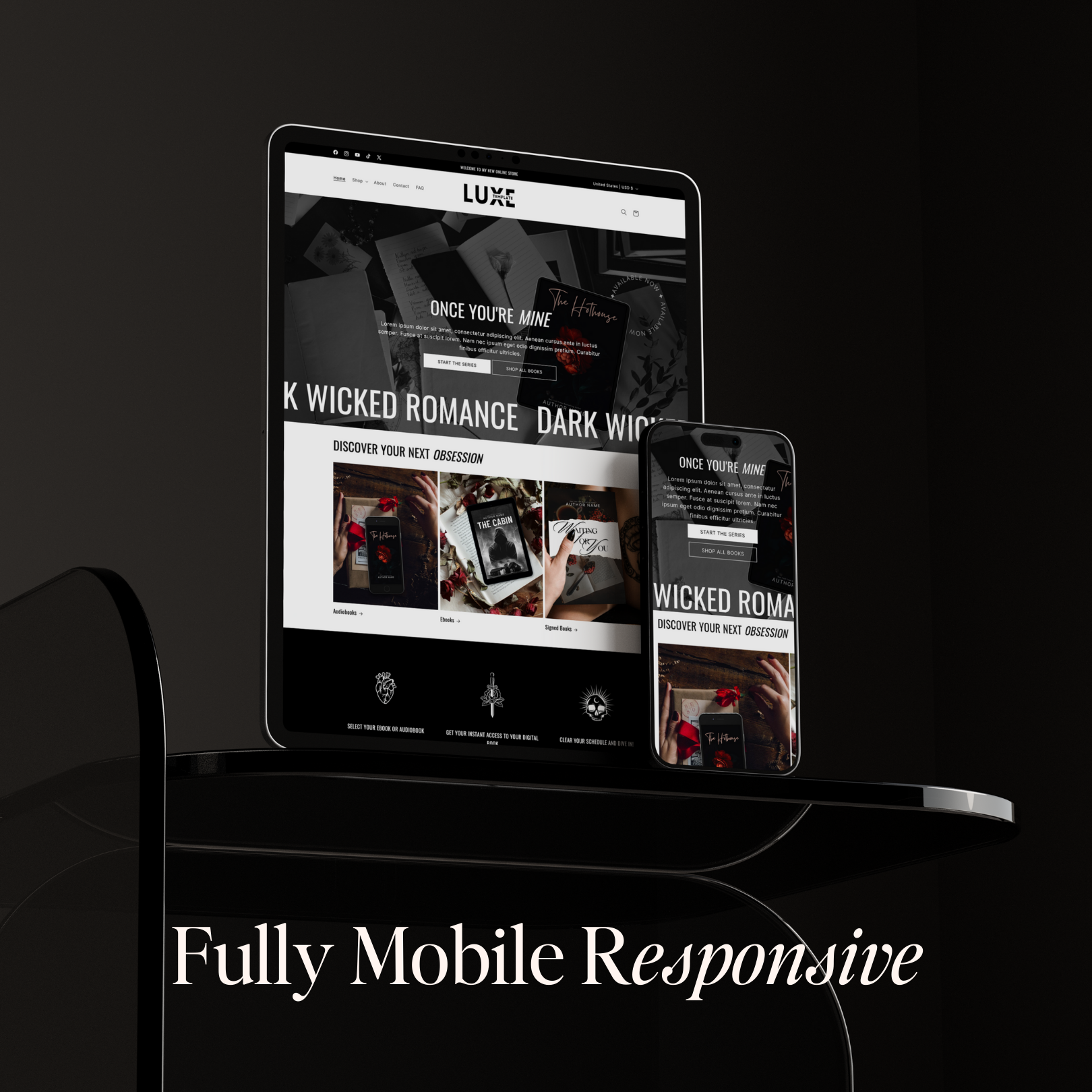 Say hello to Luxe – a luxurious, stylish, and contemporary Shopify template created for authors who aim to elevate their online presence with a sophisticated and timeless design.