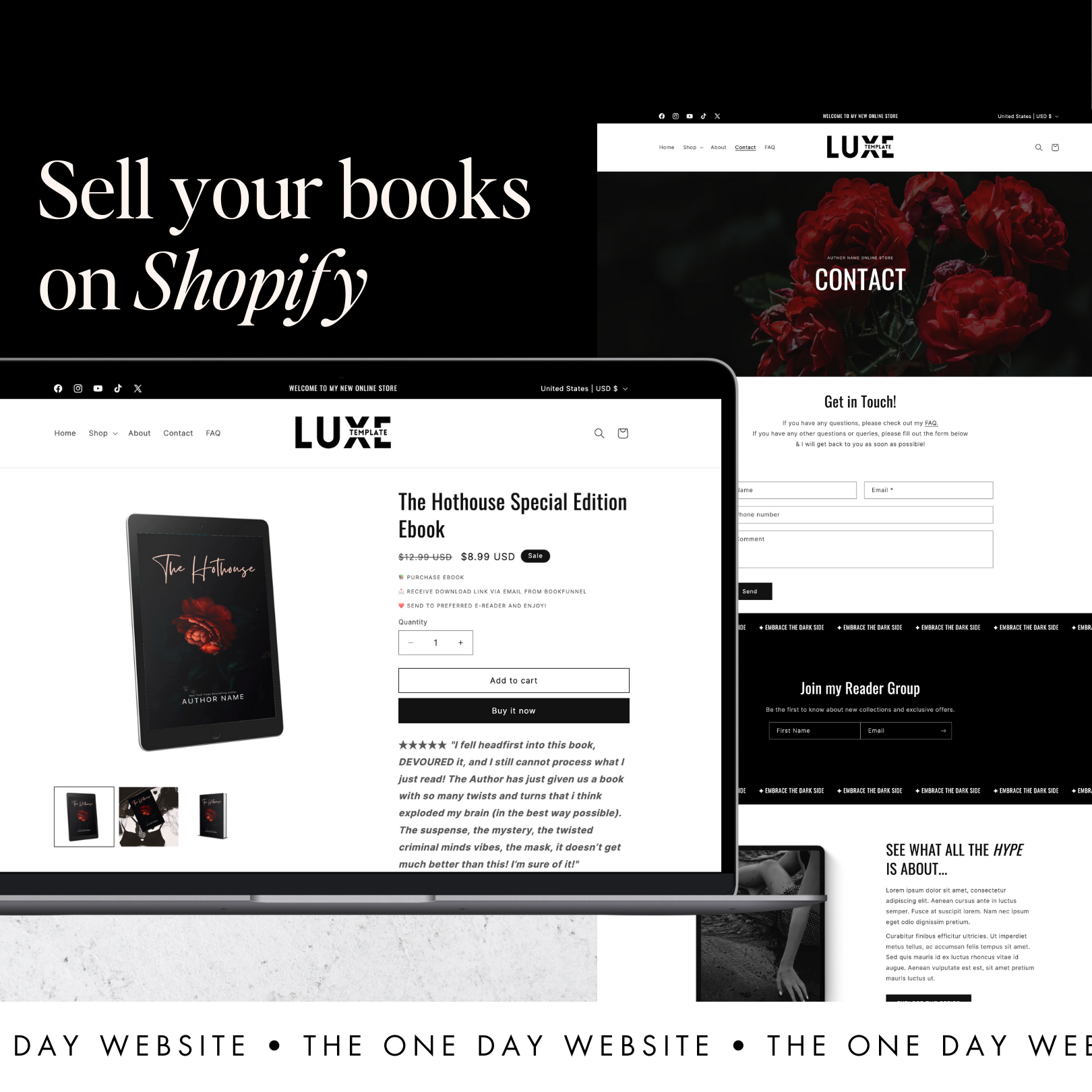 Say hello to Luxe – a luxurious, stylish, and contemporary Shopify template created for authors who aim to elevate their online presence with a sophisticated and timeless design.