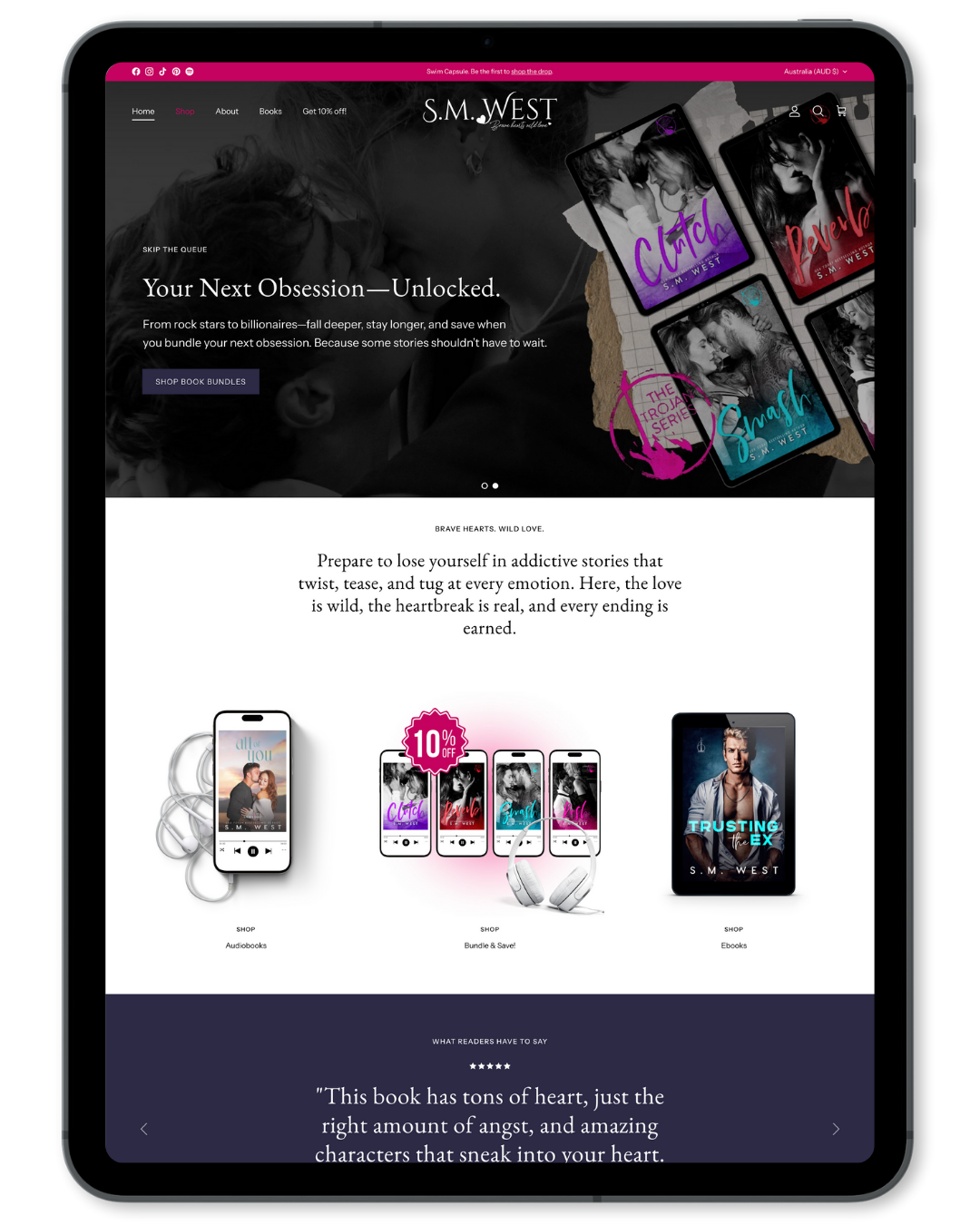 S.M. West website displayed on a tablet screen