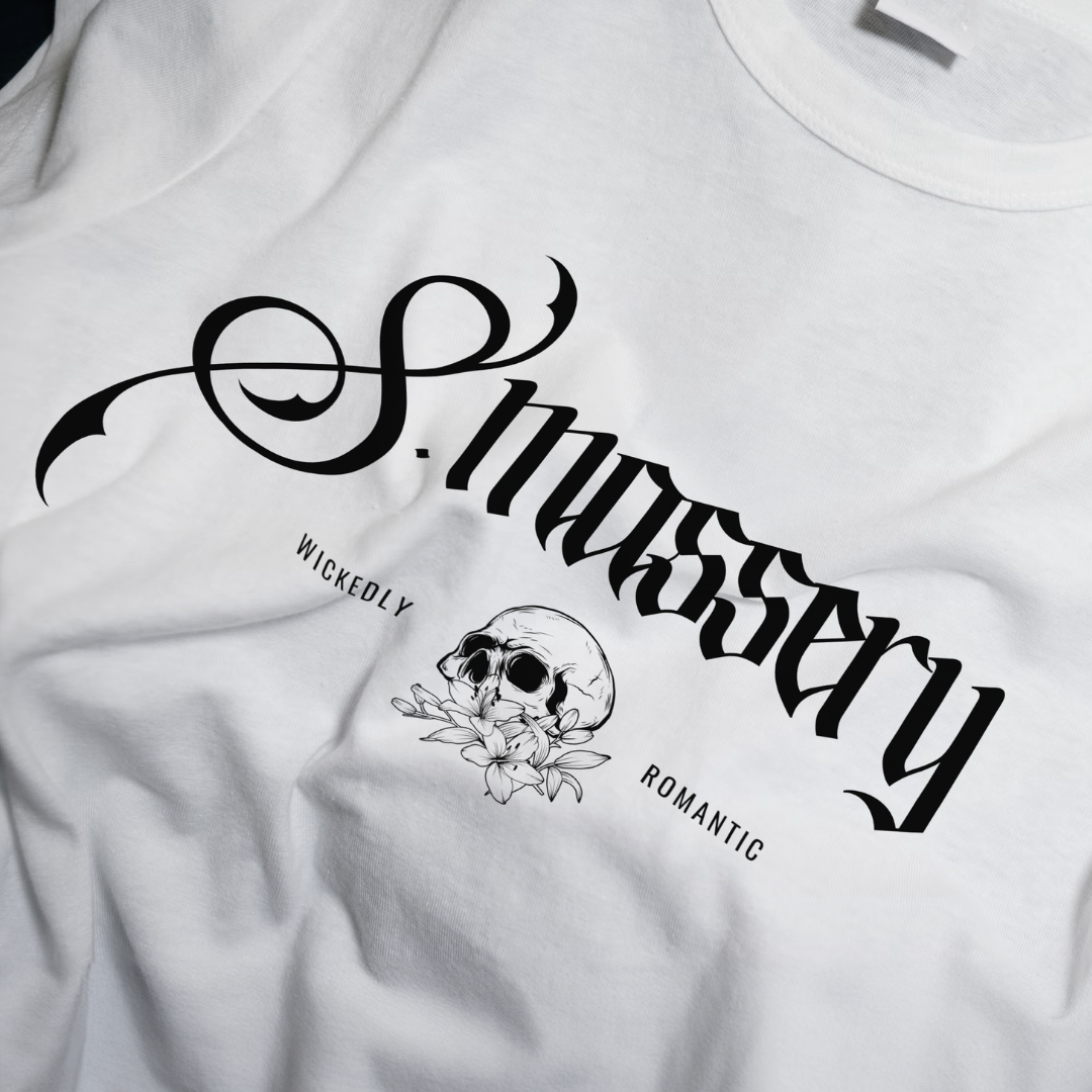 White t-shirt with black graphic design and text on a white background