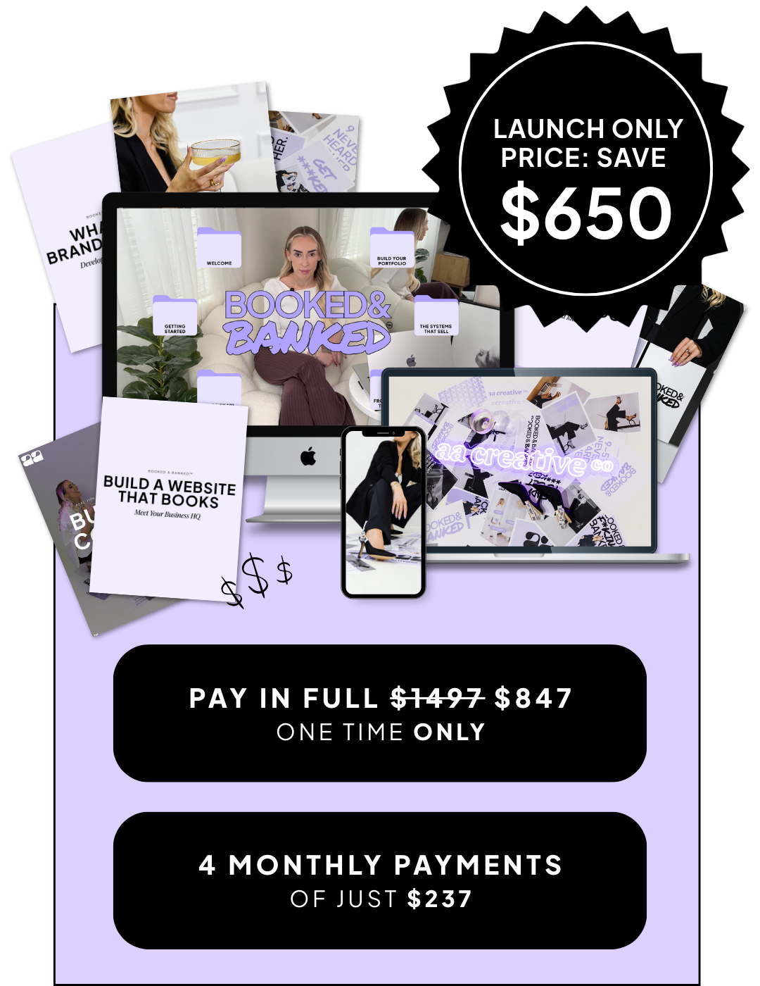 Promotional graphic for a branding package with images of people, a computer, and text about pricing and payment options.