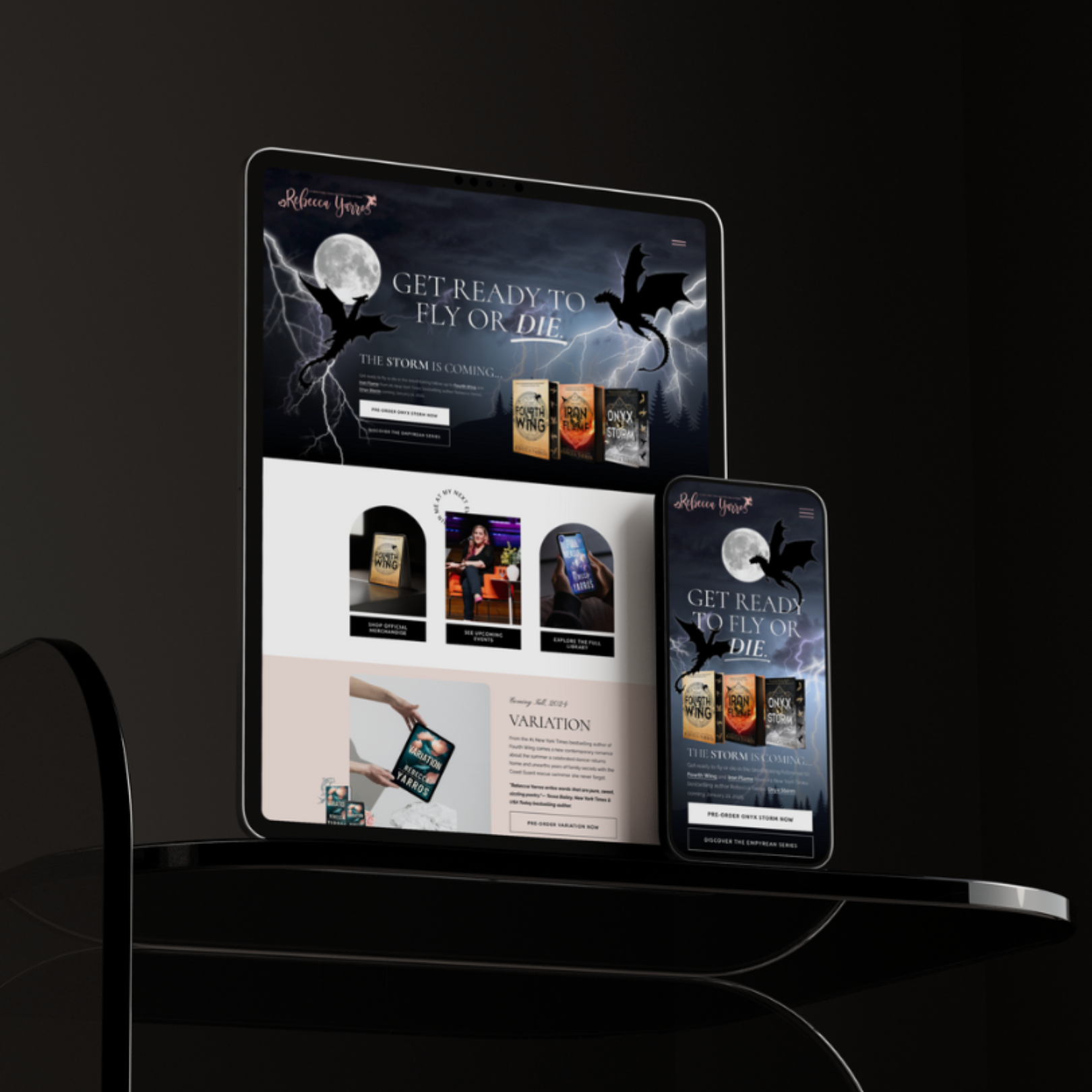 Tablet and smartphone displaying a website with a dark theme and product images.