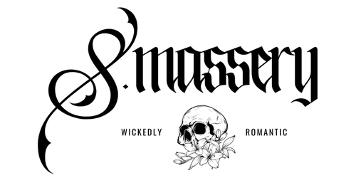 Logo of S. Mussery with a skull and floral design on a white background