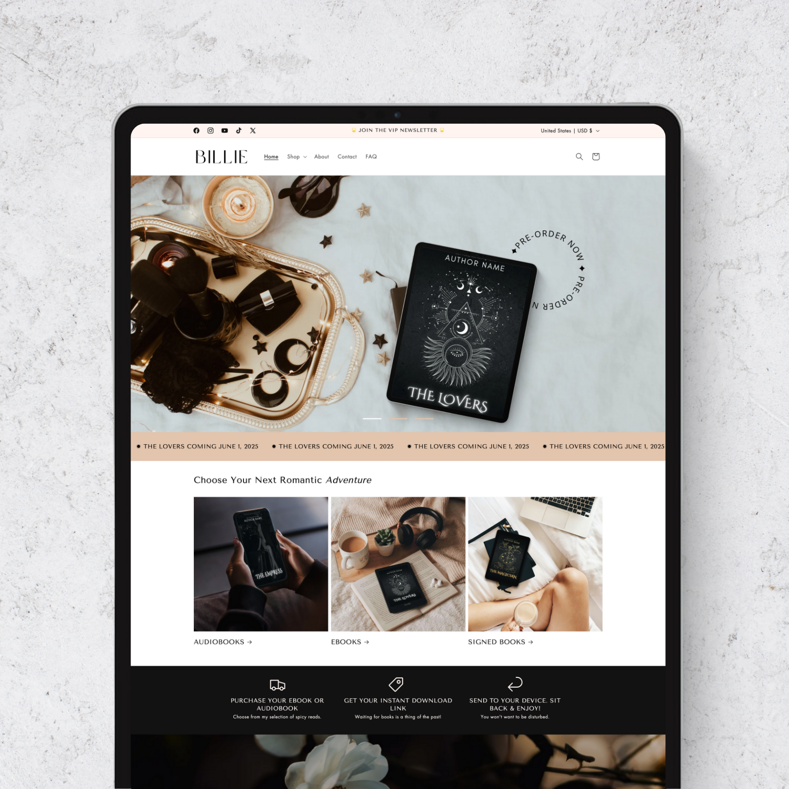 Introducing Billie – a modern, stylish, and sleek Shopify template tailored for authors who aspire to elevate their online presence with a refined and impactful design.