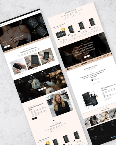 Multiple smartphone screens displaying a website with product images and text on a light gray background.
