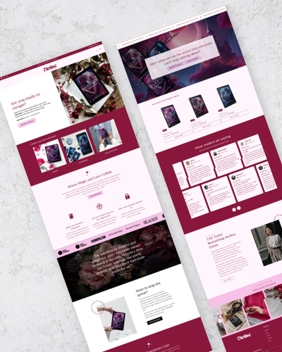 Two smartphone screens displaying a website with a maroon and white color scheme.