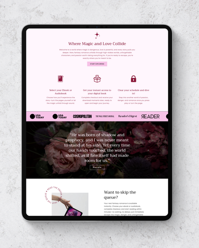 Digital tablet displaying a website with a gray background