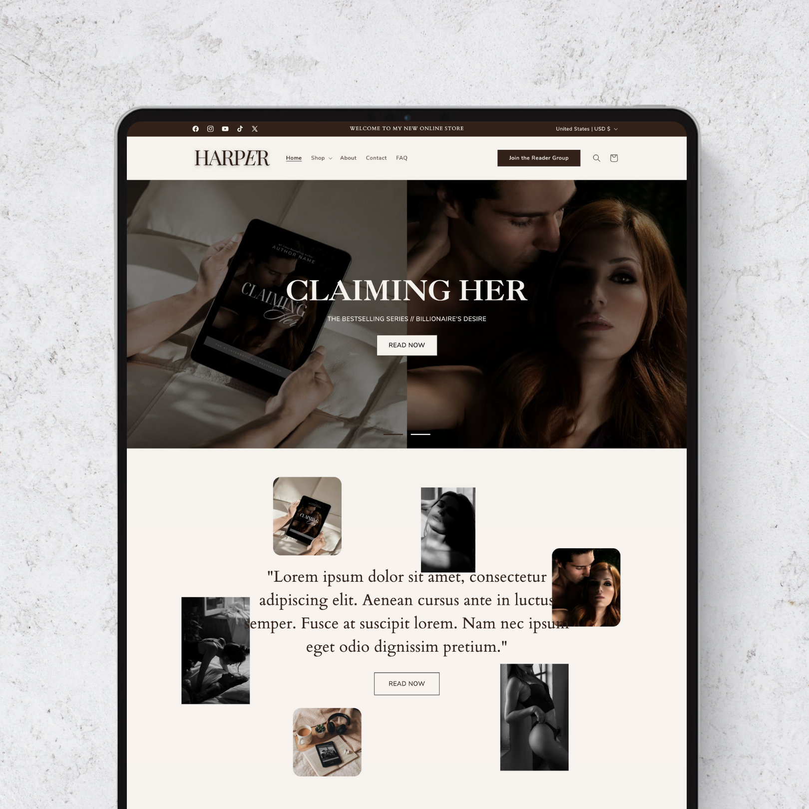 Say hello to Harper – an eye-catching, timeless, and sleek Shopify template crafted for authors who wish to elevate their online presence with a sophisticated and elegant design.