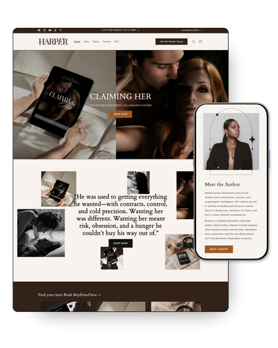 Harper website with book cover and author information on a tablet and smartphone.