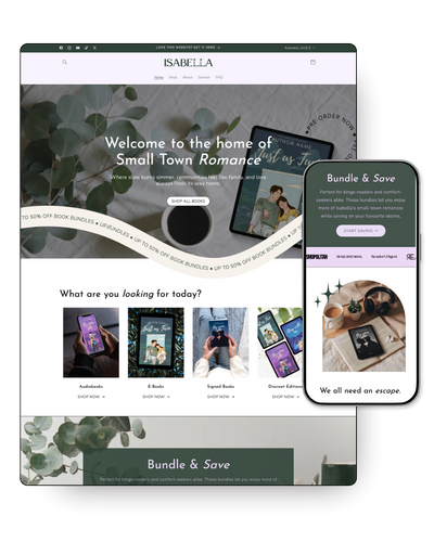 Website homepage with 'Isabella' branding on a computer screen and smartphone.