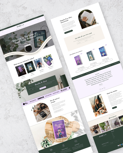 Collage of website design mockups on a light gray background