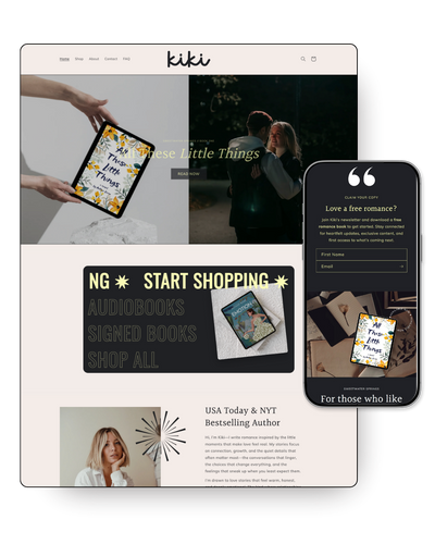 Kiki website with various product images and promotional text on a white background