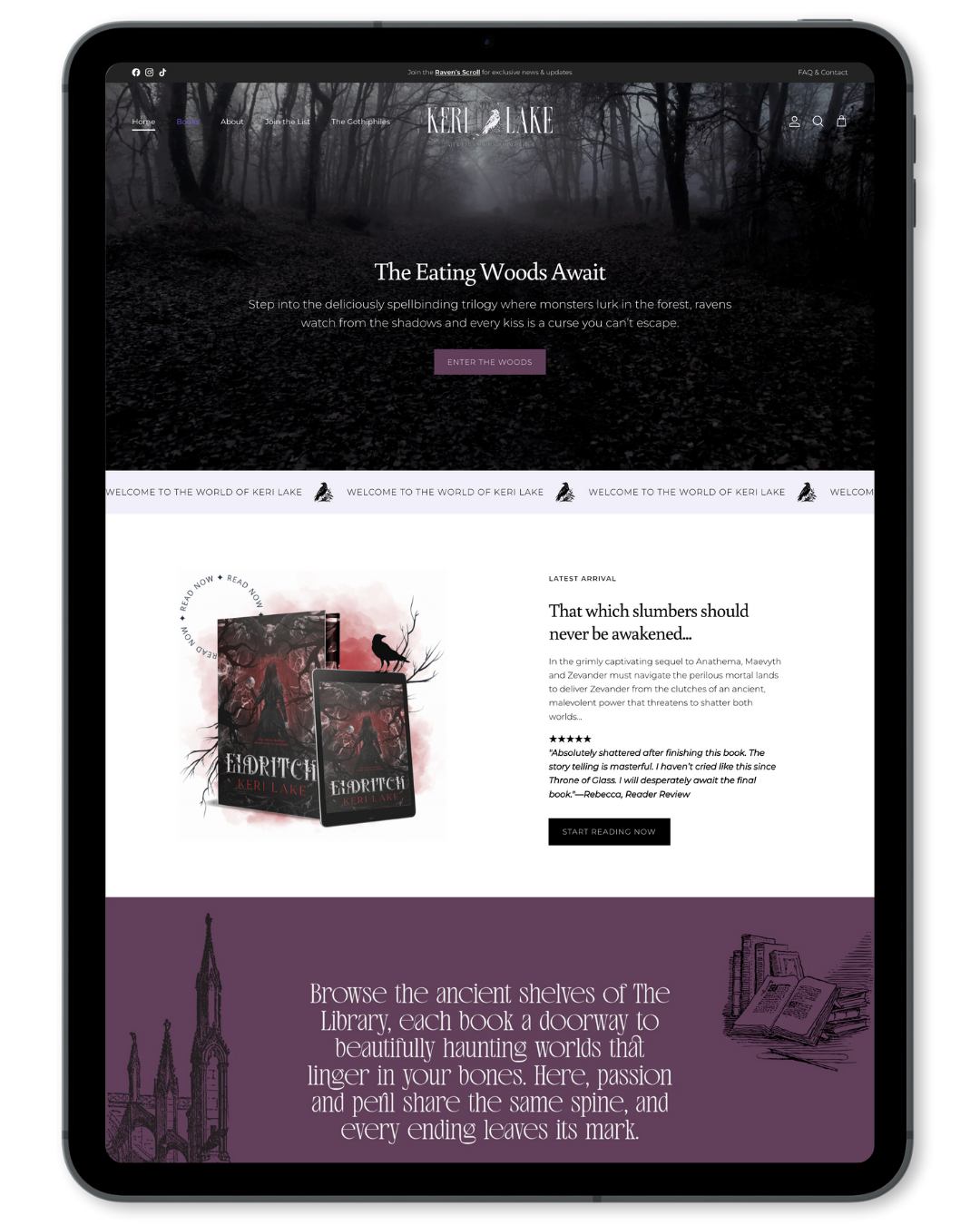 Digital tablet displaying a Keri Lake dark-themed website with text and images.