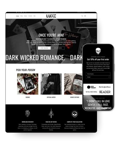 Luxe website with phone displaying promotional content on a white background