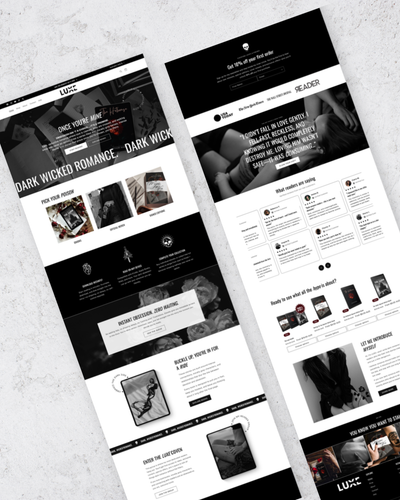 Two web pages with dark and white design on a light gray background