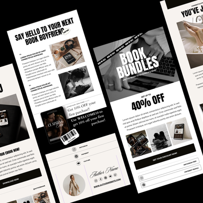 Collage of promotional book bundle and ebook offer emails with text and images.