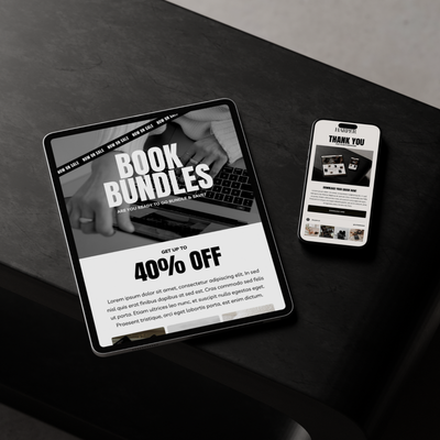 Tablet and smartphone displaying promotional content on a dark surface