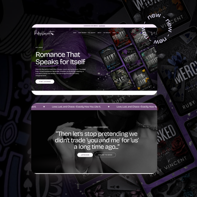 Two website screenshots with text and graphics on a dark background with card designs.