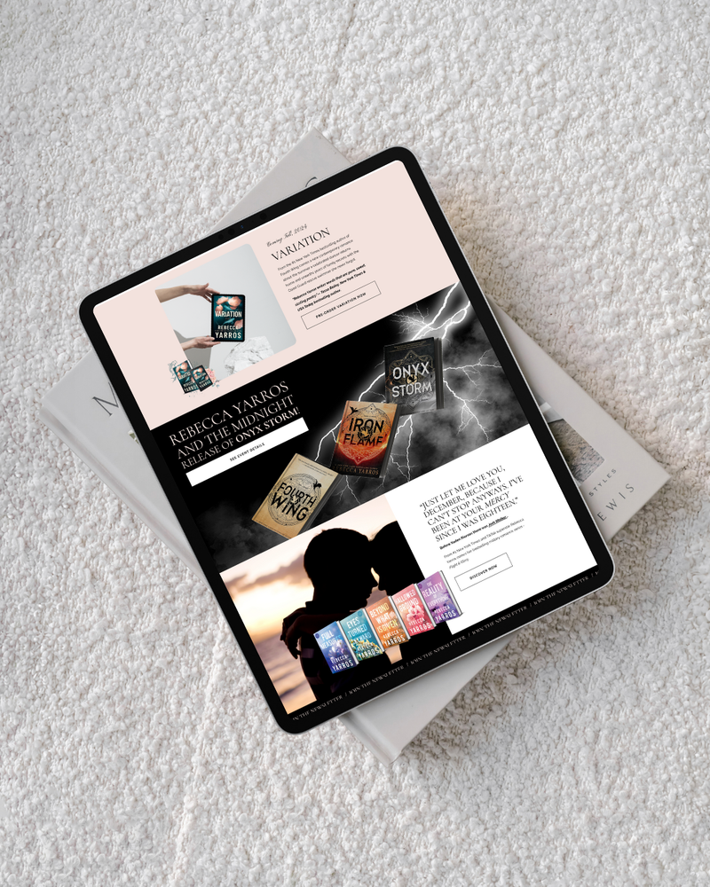 Tablet displaying a website with product images on a textured surface