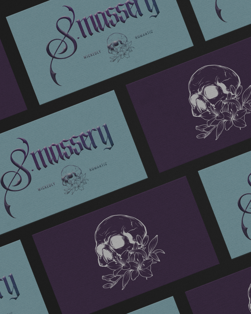 S. Massery author branding with skull and floral design on a dark background