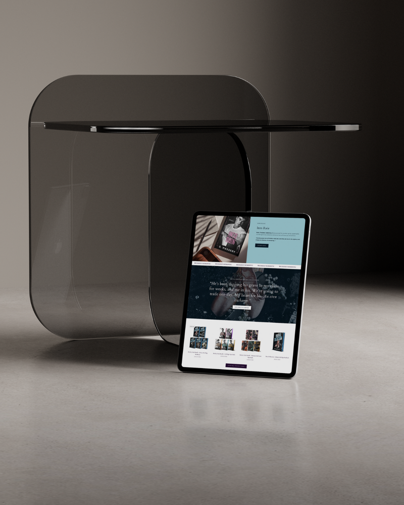 Modern side table with a tablet displaying a website on a neutral background
